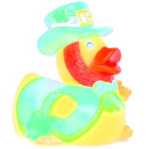 A duck dressed up like a leprechaun