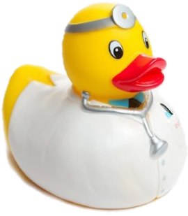 A rubber duck with a lab coat on